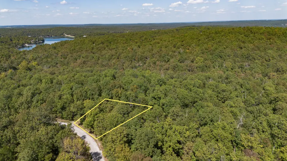 Bosque con el contorno de un terreno en venta marcado en amarillo, Cherokee Village