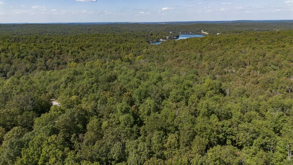 Muelle de madera en un lago del norte de Arkansas al anochecer
