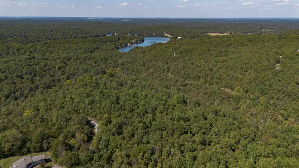 Muelle de madera en un lago del norte de Arkansas al anochecer
