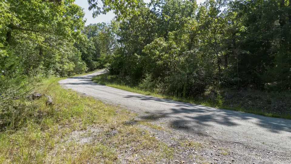 Calle asfaltada entre robles junto a un terreno en venta en Cherokee Village