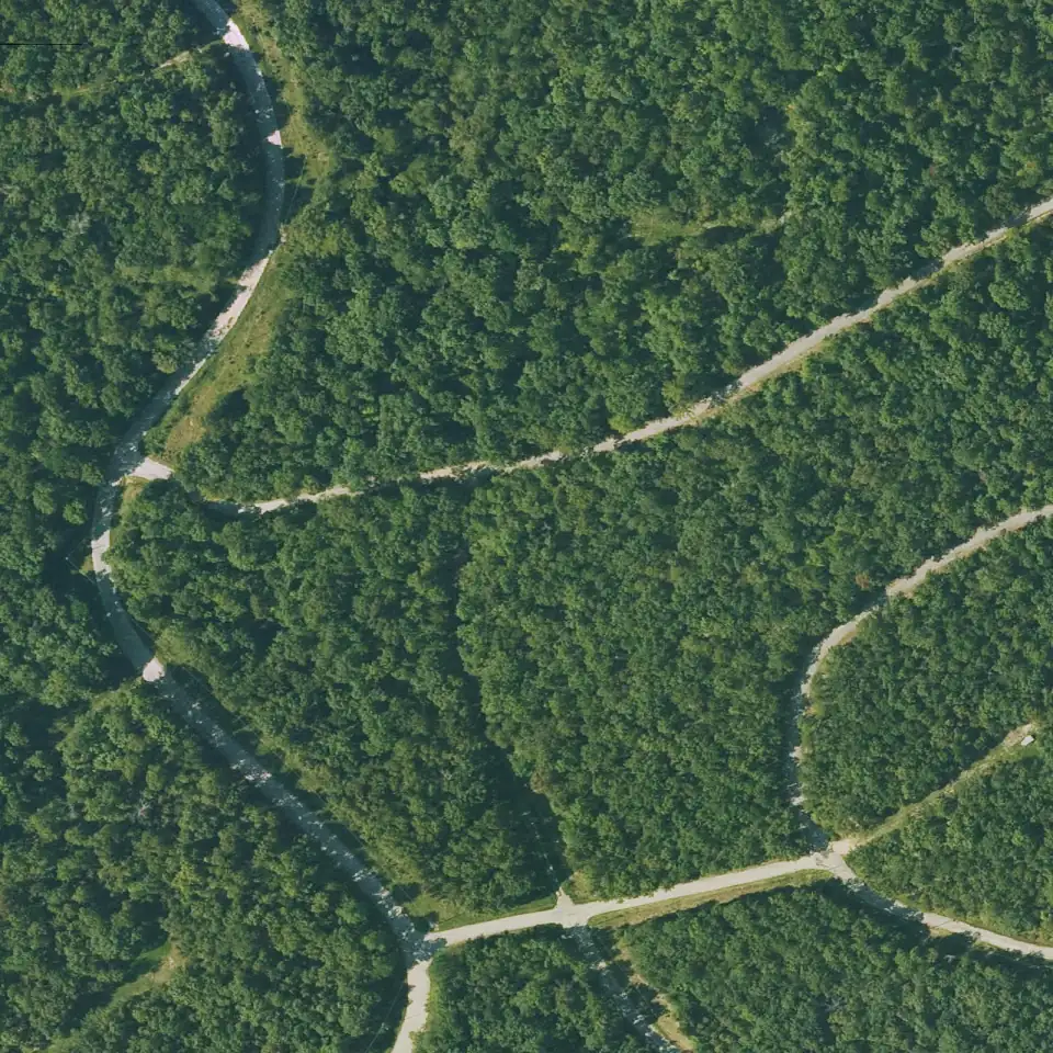 Mapa aéreo con el límite del lote 120-11028-000 marcado sobre el bosque y las calles de Cherokee Village, Arkansas