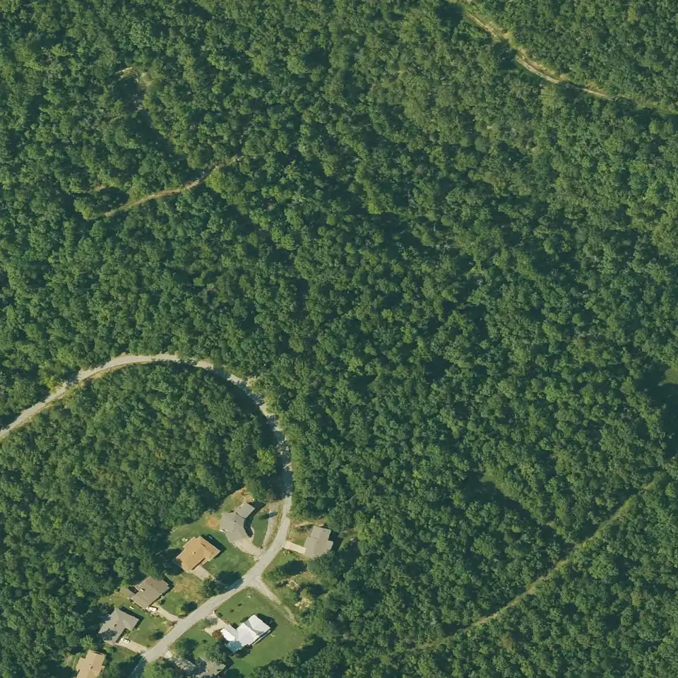 Mapa aéreo con el límite del lote 130-11307-000 marcado sobre el bosque y las calles de Cherokee Village, Arkansas