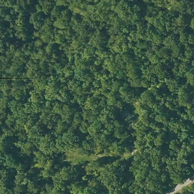 Foto aérea del lote 120-11067-000 en Cherokee Village, Arkansas, con su límite marcado entre el bosque y las calles