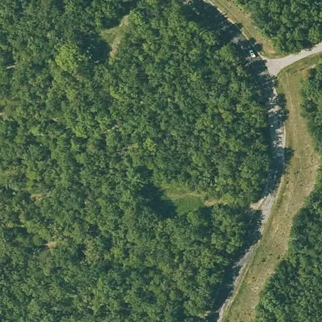 Foto aérea del lote 260-16098-000 en Cherokee Village, Arkansas, con su límite marcado entre el bosque y las calles