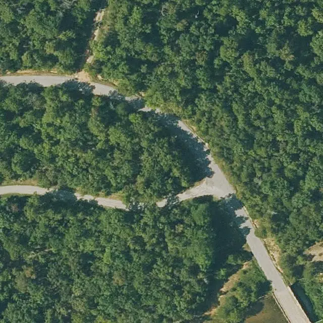 Foto aérea del lote 260-16170-000 en Cherokee Village, Arkansas, con su límite marcado entre el bosque y las calles