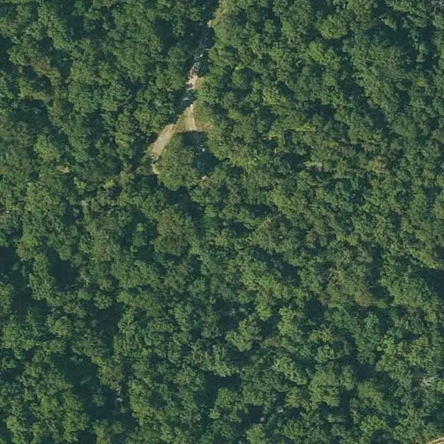 Foto aérea del lote 275-16521-000 en Cherokee Village, Arkansas, con su límite marcado entre el bosque y las calles