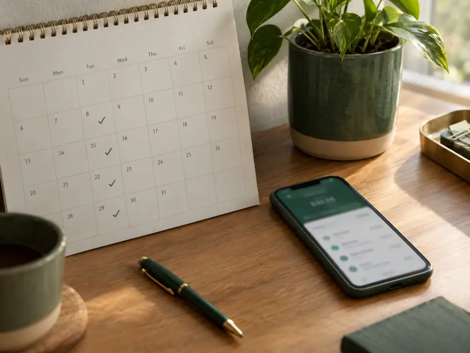 Calendario con las cuotas del terreno marcadas junto a un teléfono