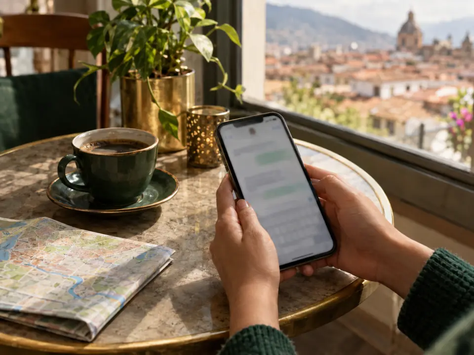 Manos con un teléfono junto a un café: la primera llamada para comprar un terreno en Estados Unidos