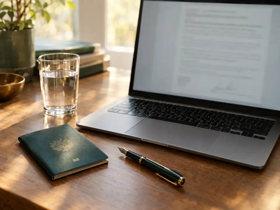 Laptop con la promesa de compraventa del terreno, un pasaporte y una pluma sobre un escritorio